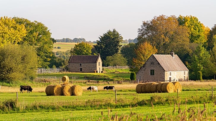 Un campo verde y exuberante bajo un cielo azul claro, simbolizando una granja saludable y sostenible