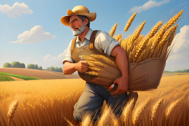Una ilustración de un agricultor en un campo de trigo dorado, simbolizando una cosecha sostenible.